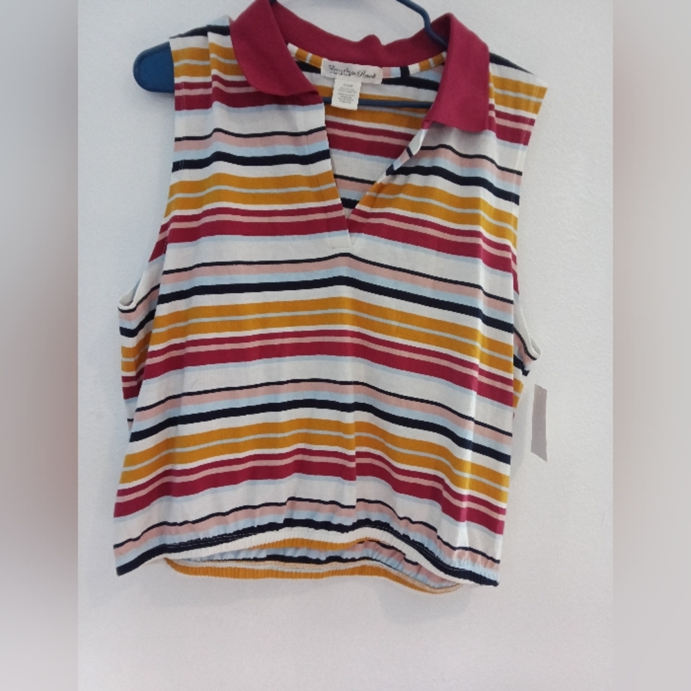 Sleeveless Polo Tank Top with Mustard & Berry Stripes